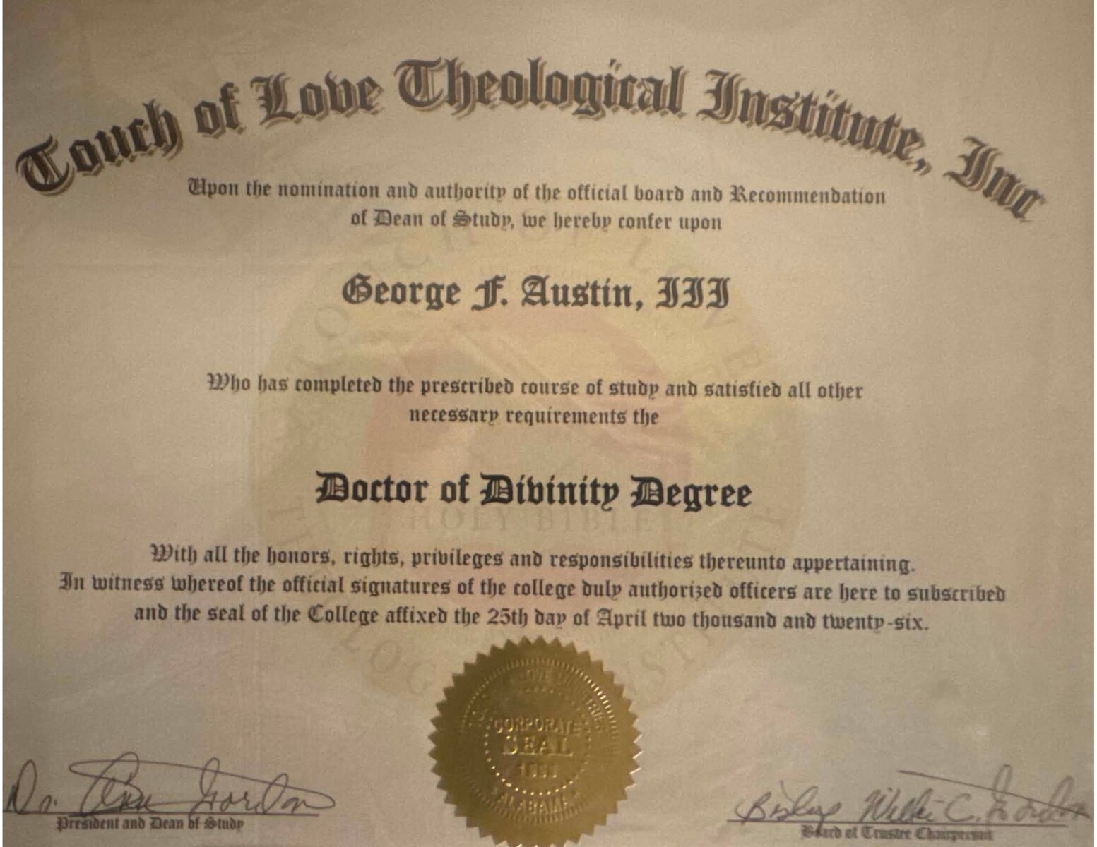 Doctor of Divinity diploma awarded to George F. Austin III